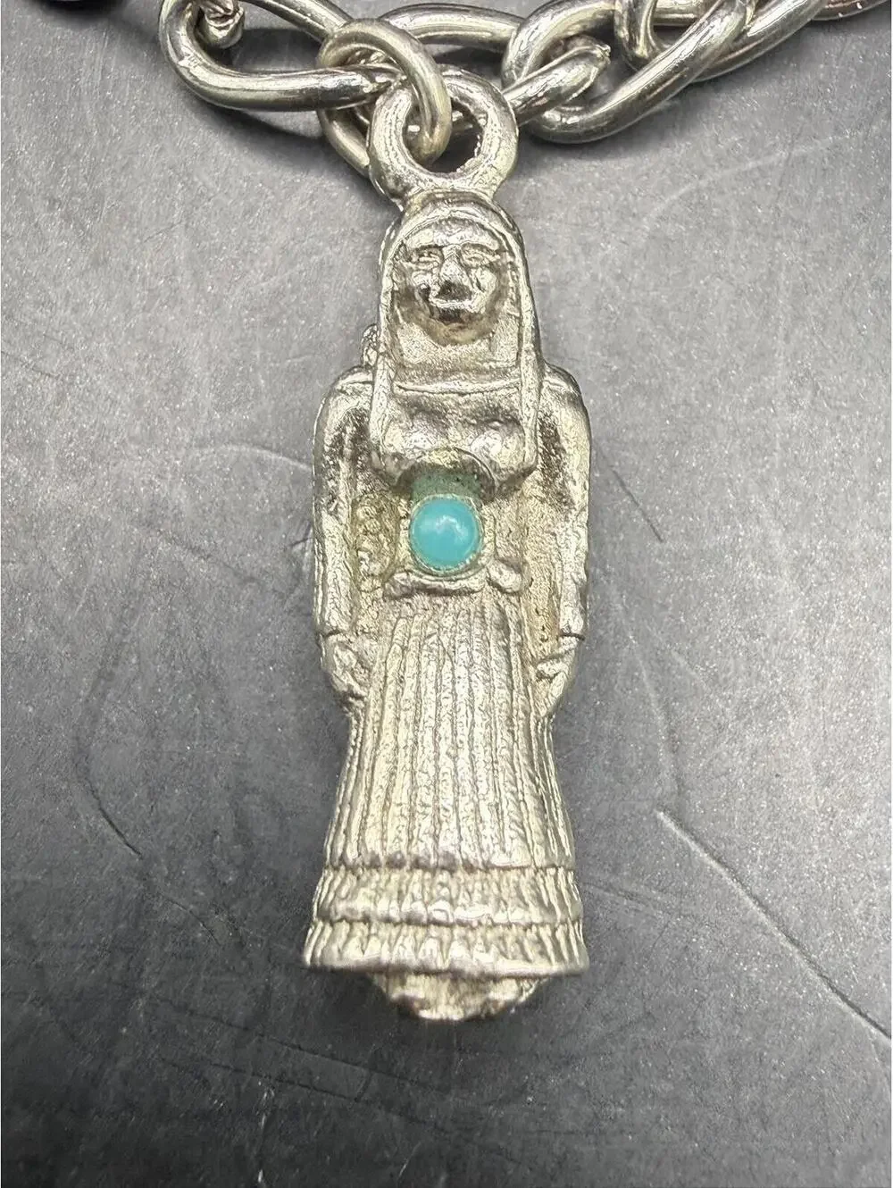 Vintage Tibetan Silver Toned Charm Bracelet - 5 Turquoise Inlay Figural Charms